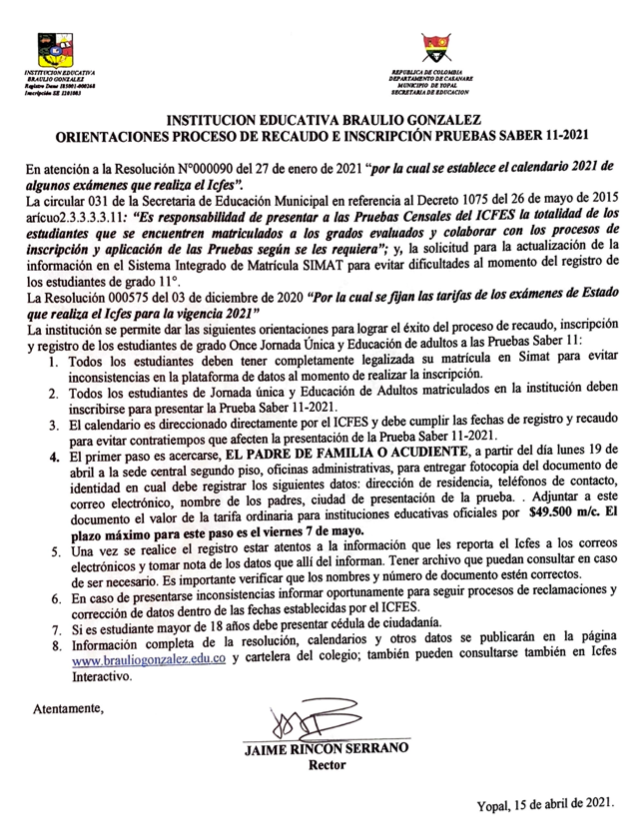 INSTITUCION EDUCATIVA BRAULIO GONZALEZ ORIENTACIONES PROCESO DE RECAUDO E INSCRIPCIÓN PRUEBAS SABER 11-2021